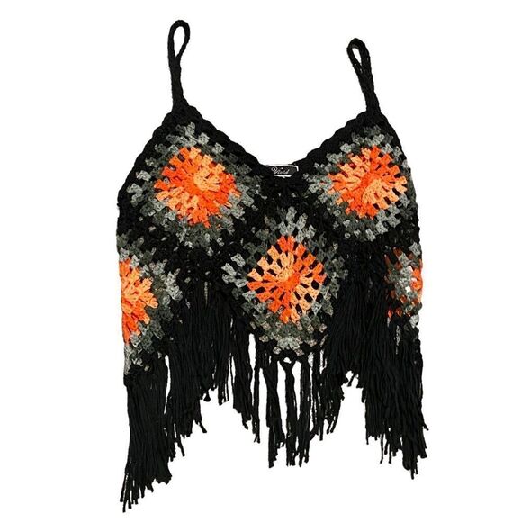 Woven Crochet Aztec Tassel Bohemien Cropped Tank Top Shirt - Picture 3 of 5